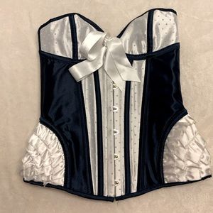 Strapless front clasp corset blue and white satin Size M